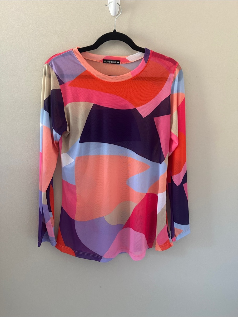 David Cline Women’s Long Sleeve Mesh Top Melon Abstract Print Sz Medium Chic
